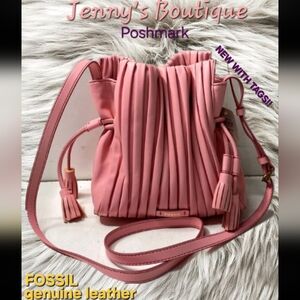 🗝 FOSSIL NEW W/TAGS NEWEST MODEL Rayna Leather BLUSH PINK BUCKET PLEATED TOTE